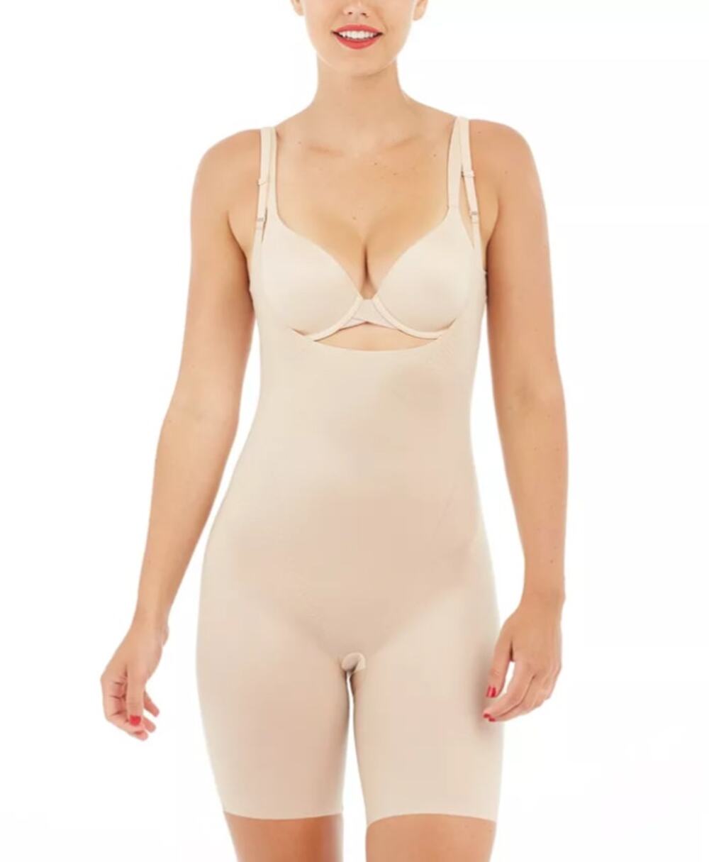 SPANX Women's Small Champagne Open Bust Mid Thigh Bodysuit Shapewear Sexy U4-1 - Picture 1 of 8